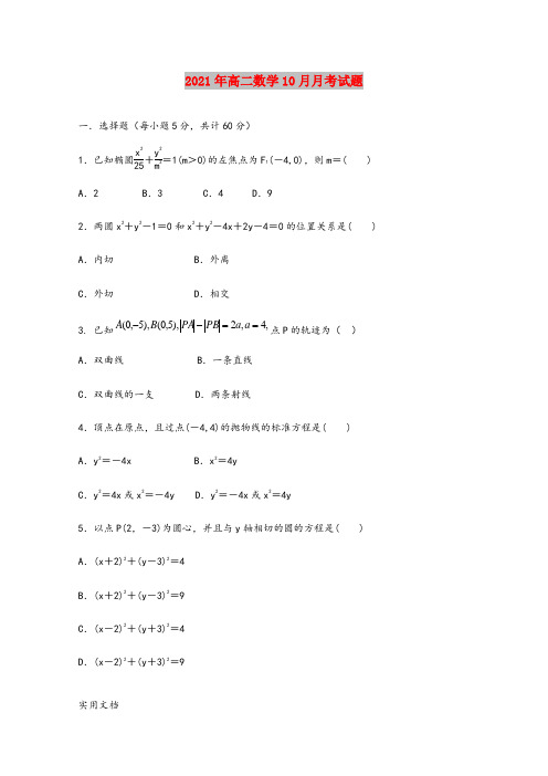 2021-2022年高二数学10月月考试题