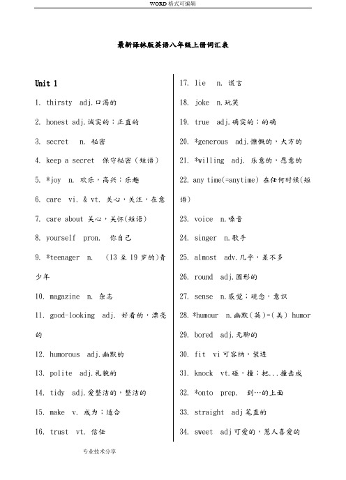 最新译林版英语八年级上册词汇表