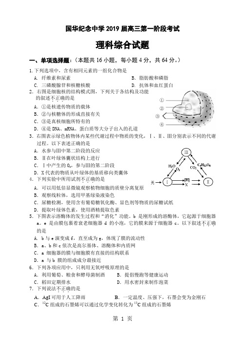 国华纪念中学届高三第一阶段考试理综word精品文档17页