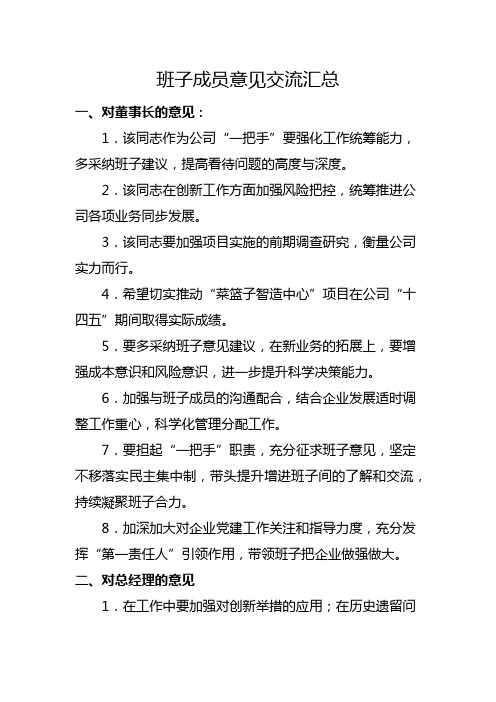 班子成员意见交流汇总