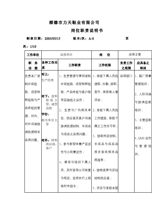 鞋业力天品管部职责说明书制度范本.格式