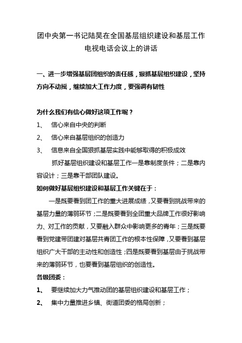 #团中央第一书记陆昊在全国基层组织建设和基层工作电视电话会议上的讲话