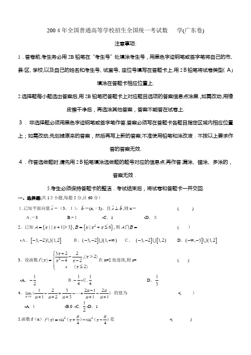 2004年高考数学试题(广东)及标准答案