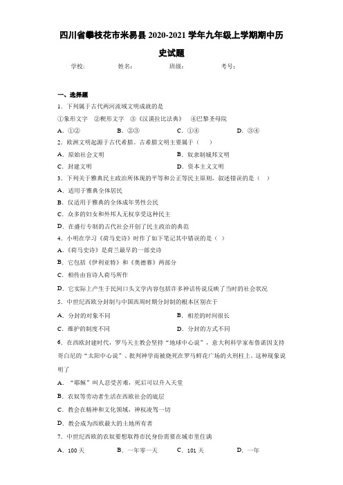 四川省攀枝花市米易县2020-2021学年九年级上学期期中历史试题