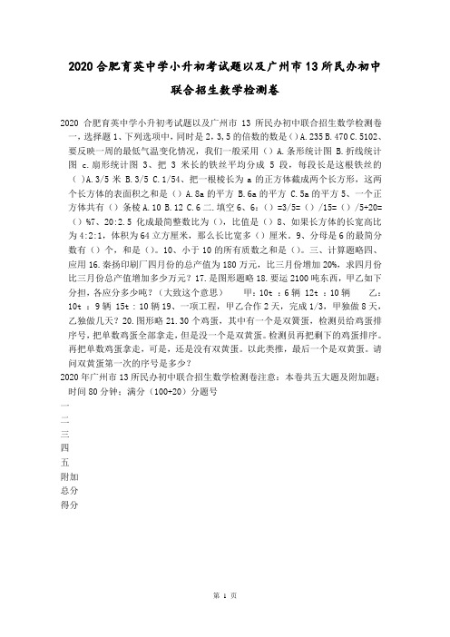 2020合肥育英中学小升初考试题以及广州市13所民办初中联合招生数学检测卷 