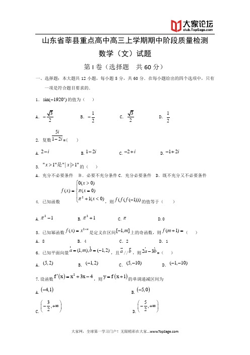 山东省聊城市莘县重点高中2013学年高三上学期期中考试 数学(文)试题