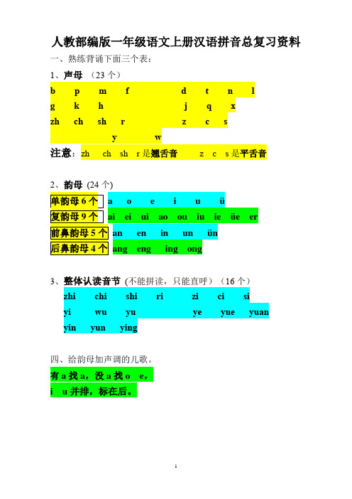 部编版小学一年级语文上册汉语拼音总复习+知识点汇总