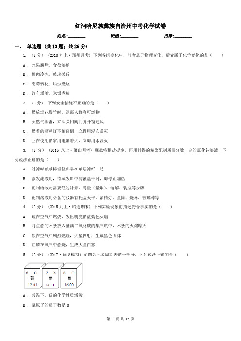 红河哈尼族彝族自治州中考化学试卷