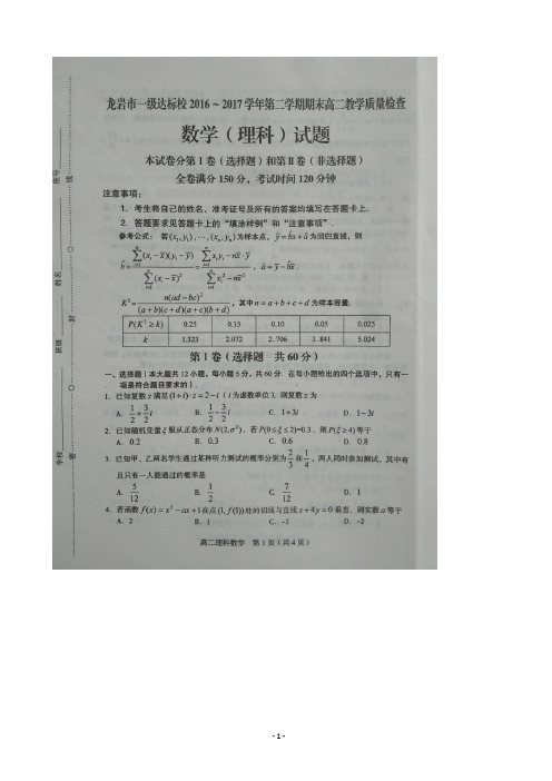 2016-2017学年福建省龙岩市一级达标校高二第二学期期末教学质量检查理科数学试卷(扫描版)