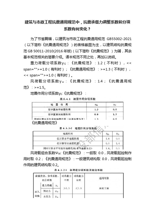 建筑与市政工程抗震通用规范中，抗震承载力调整系数和分项系数有何变化？