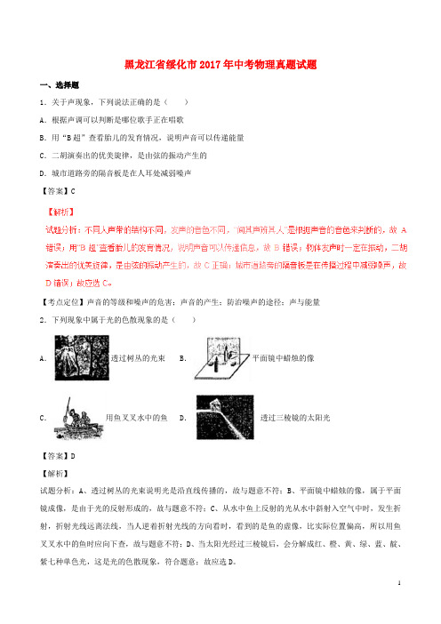 黑龙江省绥化市中考物理真题试题(含解析1)