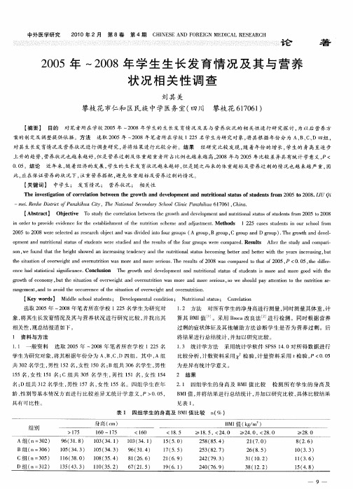2005年～2008年学生生长发育情况及其与营养状况相关性调查
