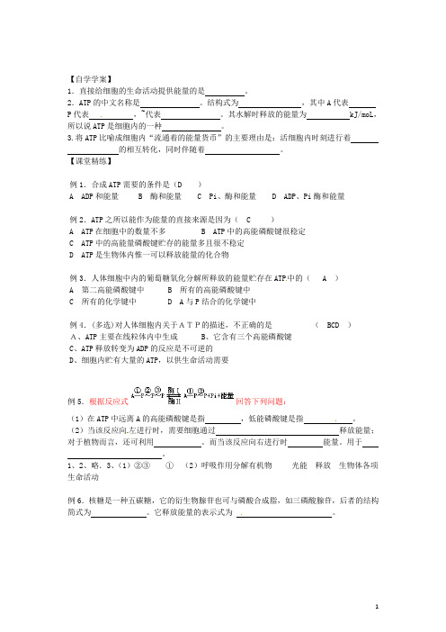辽宁省海城市牛庄高级中学高中生物 5.2《细胞的能量“通货”ATP》学案 新人教版必修1 