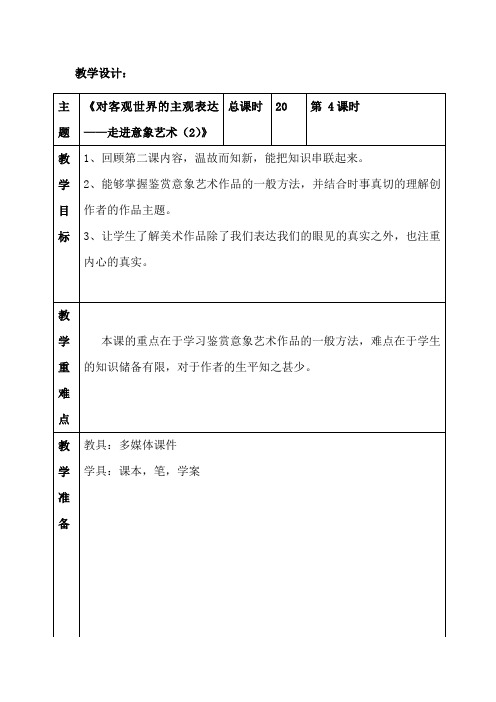 高中美术_对客观世界的主观表达——走进意象艺术教学设计学情分析教材分析课后反思