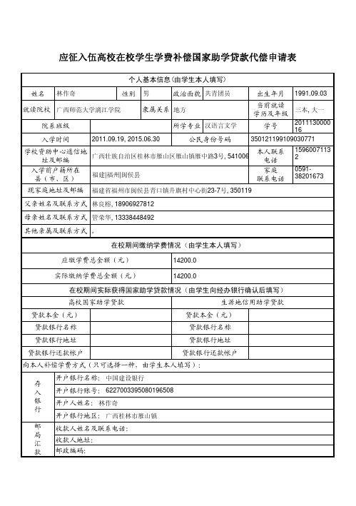应征入伍高校毕业生、在校生补偿学费代偿国家助学贷款申请表A4