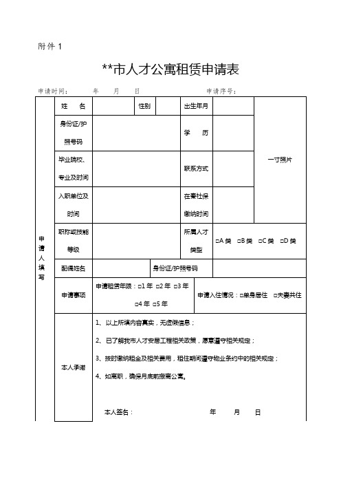 市人才公寓租赁申请表【模板】