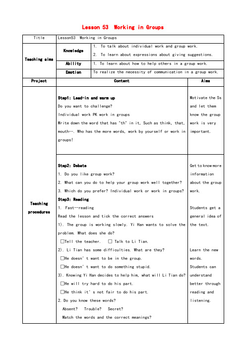 冀教版九年级英语下册Unit9Lesson53WorkinginGroups教学设计