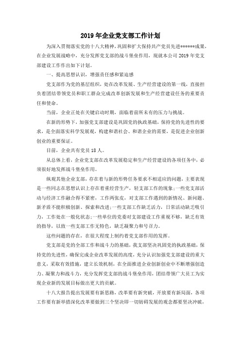 最新-2019年企业党支部工作计划 精品