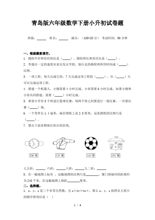 青岛版六年级数学下册小升初试卷题