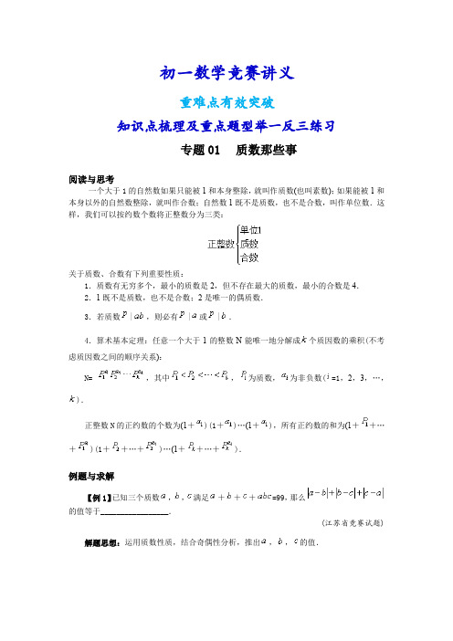 初中数学(初一)竞赛讲义(知识点难点梳理、重点题型分类举一反三)(家教、补习、竞赛专用)