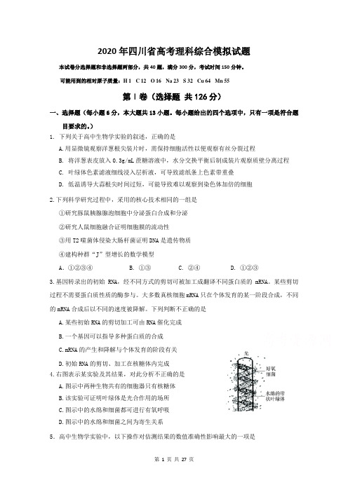 2020年四川省高考理科综合模拟试题含答案