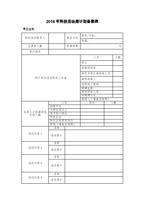 2018年科技活动周计划备案表