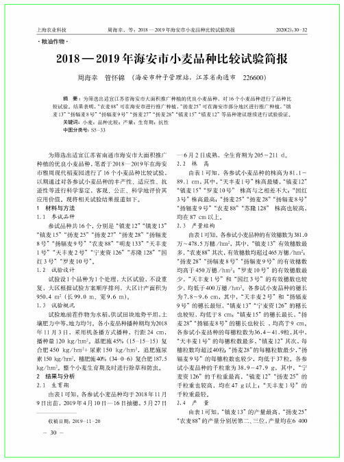 2018—2019年海安市小麦品种比较试验简报