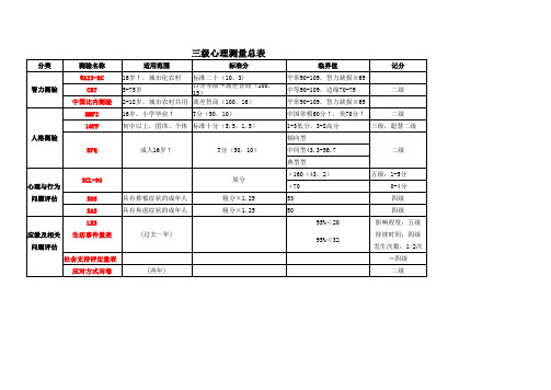 三级心理测量总表