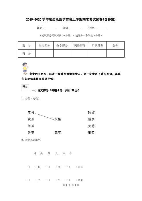 2019-2020学年度幼儿园学前班上学期期末考试试卷(含答案)