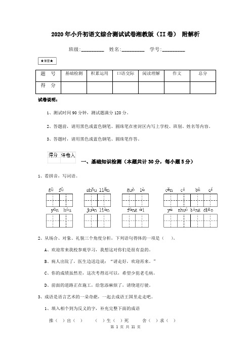 2020年小升初语文综合测试试卷湘教版(II卷) 附解析