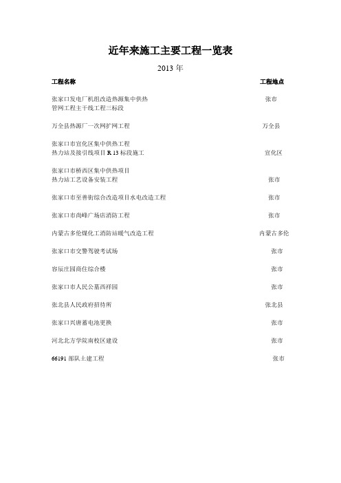 近年来施工主要工程一览表