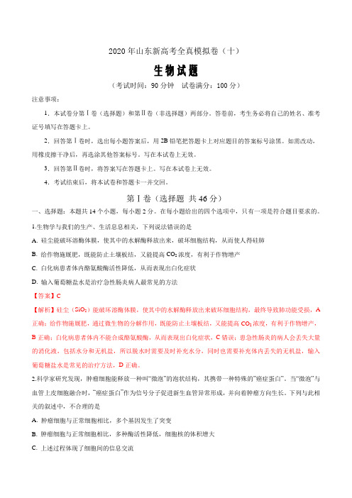 2020年山东新高考生物全真模拟卷(十)(解析word版)
