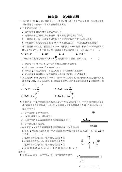人教版物理选修3-1《静电场》章节复习题及答案