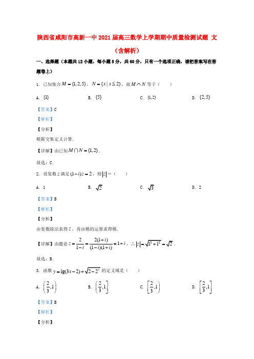 陕西省咸阳市高新一中2021届高三数学上学期期中质量检测试题文含解析