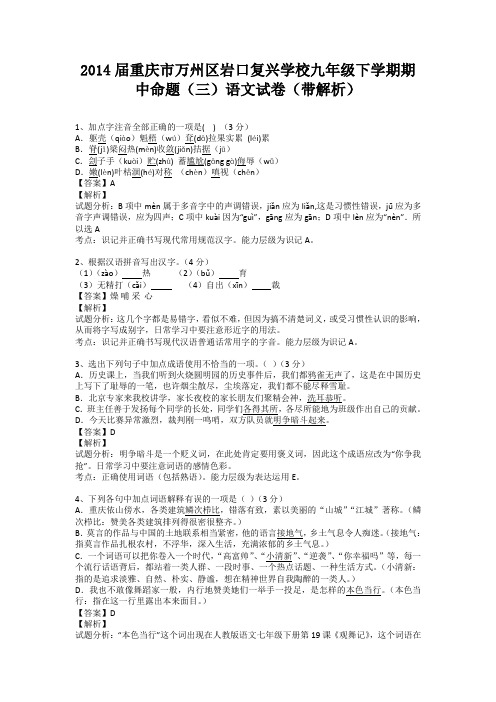 重庆市万州区岩口复兴学校2013-2014学年九年级下学期期中命题(三)语文试卷(纯word解析版)新人教版
