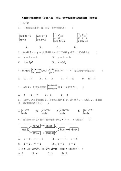 【3套精选】人教版初中数学七年级下册第8章《二元一次方程组》单元综合练习题(含答案)(1)