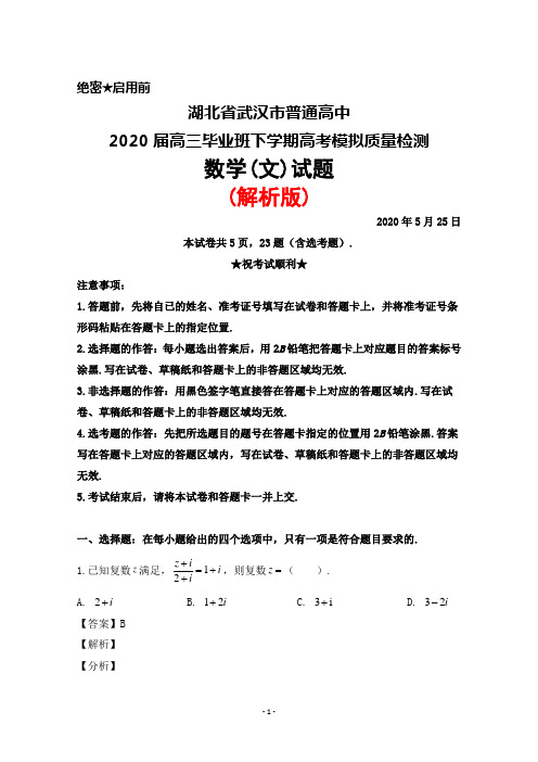 2020年5月25日湖北省武汉市普通高中2020届高三毕业班高考模拟质量检测数学(文)试题(解析版)