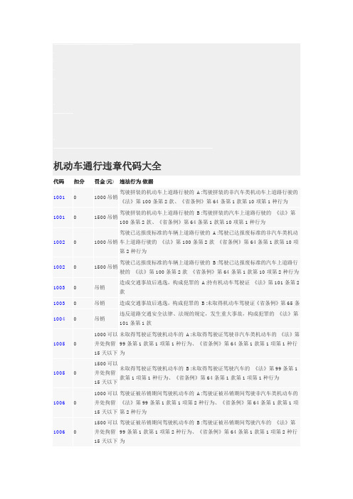 机动车通行违章代码大全