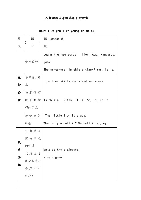 新人教新版英语五年级下册《unit1 do you like young animals》lesson 6教案(重点资料).doc