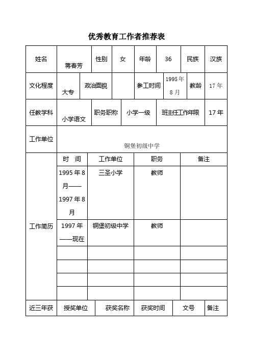 优秀教育工作者推荐表