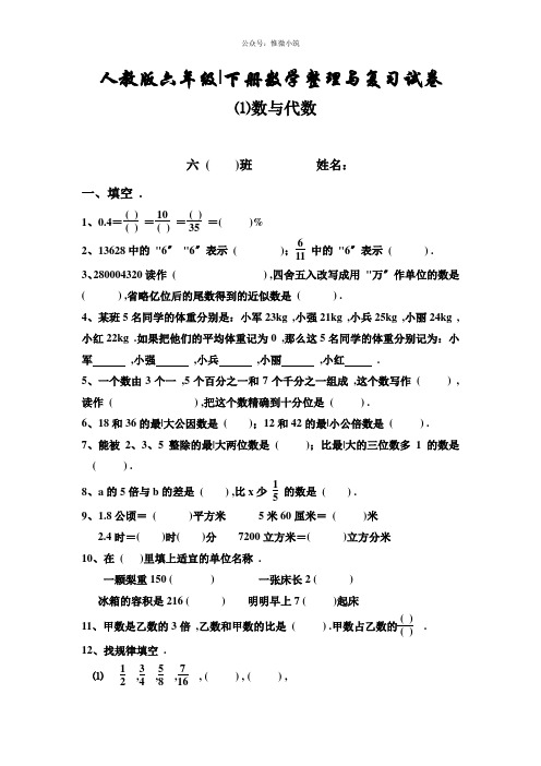人教版六年级数学下册第6单元整理与复习《数与代数》测试卷题1