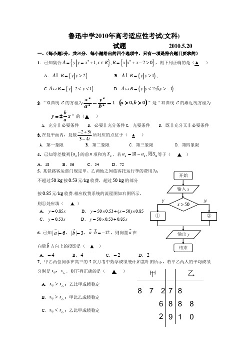浙江省绍兴县鲁迅中学2010届高三适应性考试 数学文