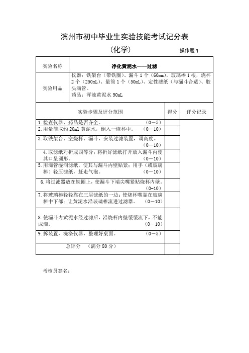 滨州市初中化学实验技能考试题