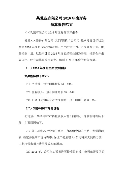 某有限公司2016年度财务预算报告范文