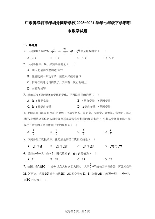 广东省深圳市深圳外国语学校2023-2024学年七年级下学期期末数学试题