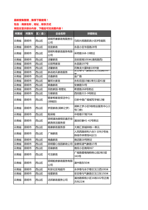 新版云南省昆明市西山区家政服务企业公司商家户名录单联系方式地址大全75家