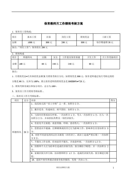 幼儿园保育教师工作绩效考核方案