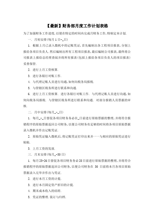 财务部月度工作计划表格