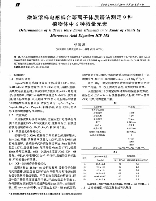 微波溶样电感耦合等离子体质谱法测定9种植物体中6种微量元素