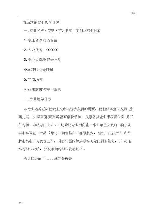 【最新】【范文】市场营销专业教学计划